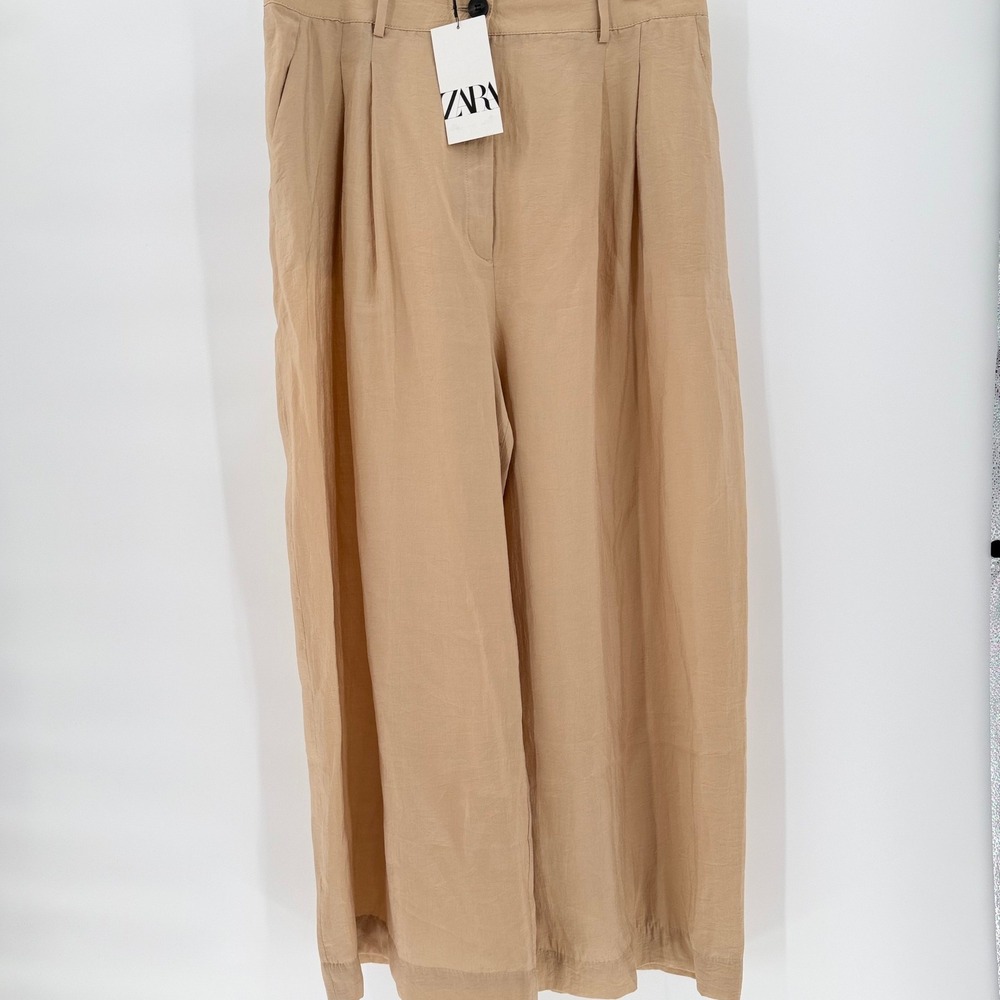 ZARA High Waisted Wide Leg Pleated Trousers Tan Beige Camel Pants Size XL NEW